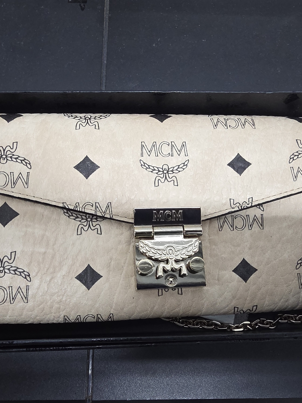 MCM Visetos Monogram Crossody Wallet in Cream and Black with Gold Hardware